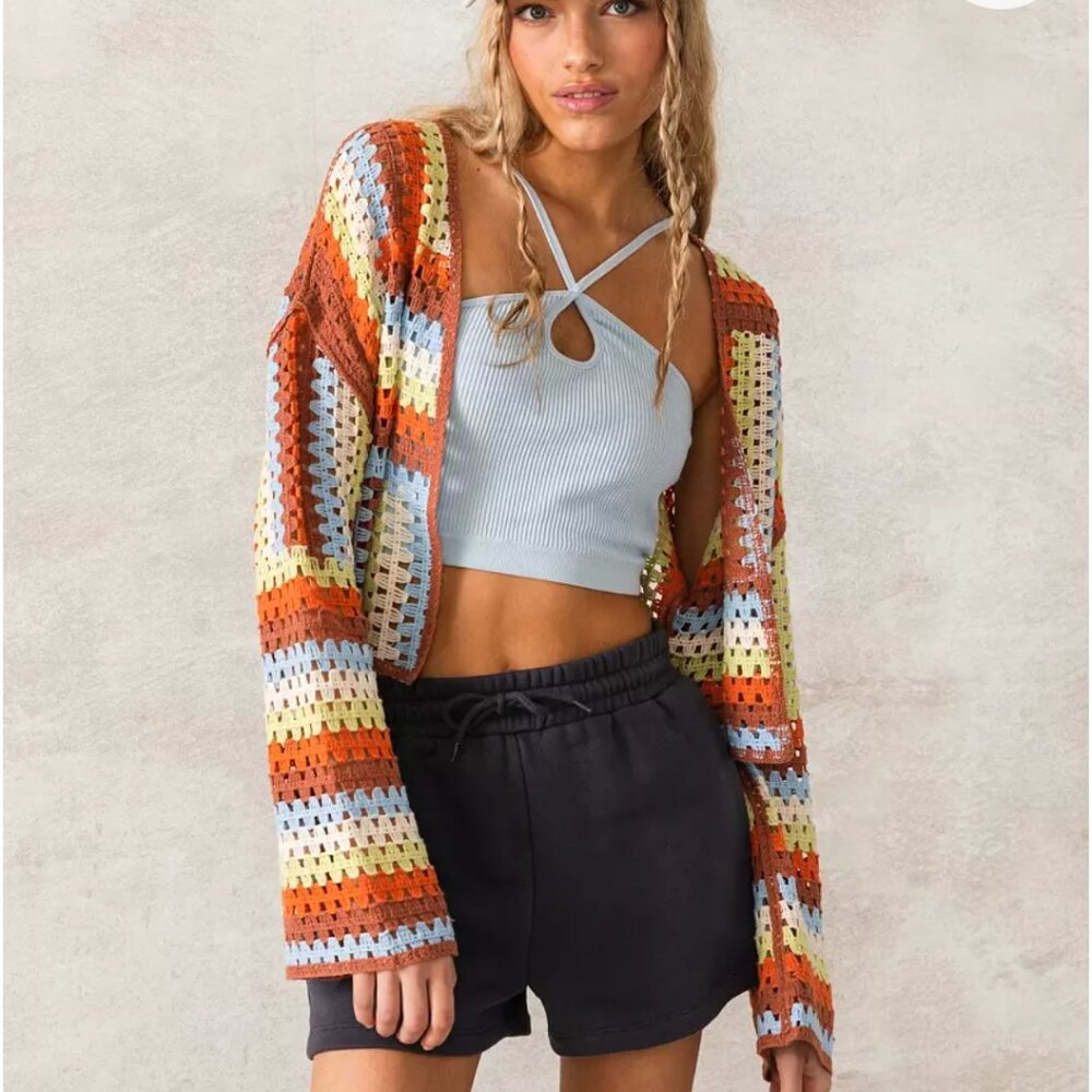 Buckle Retro Boho Open Knit Crochet Cropped Top Small Overlay Cardigan Mermaid